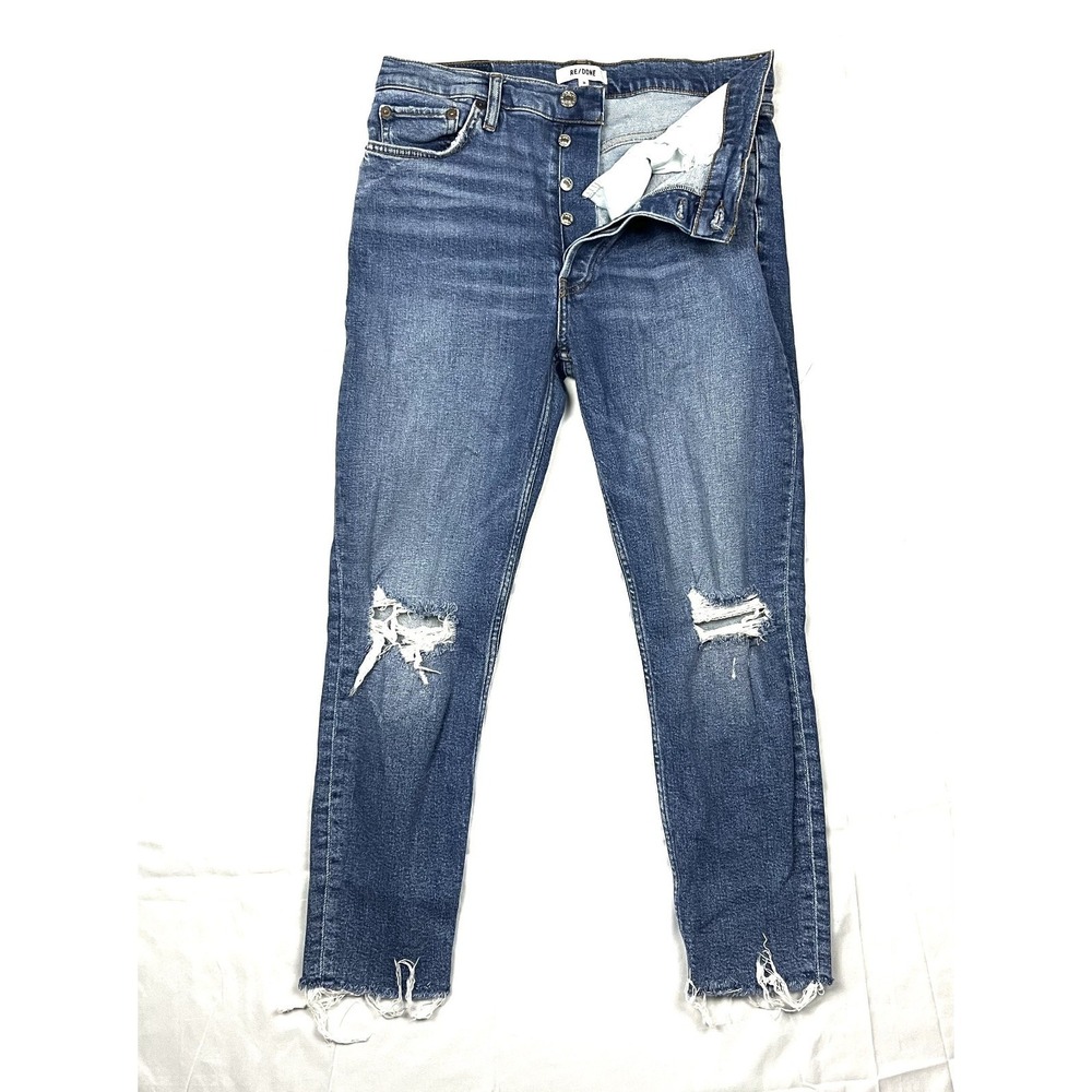RE/DONE Comfort Stretch High Rise Ankle Crop Jeans Womens 30 Dusk Destroy Blue